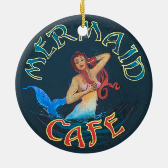Meerjungfrau-Café-Zeichen Keramik Ornament (Hinten)