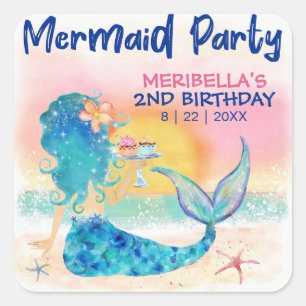 Meerjungfrau Cupcakes Tropical Beach Girl's Birthd Quadratischer Aufkleber