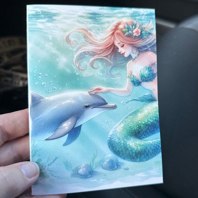 Meerjungfrau Dankeskarte (Mermaid with Dolphin Under the Sea blank notecard stationery)