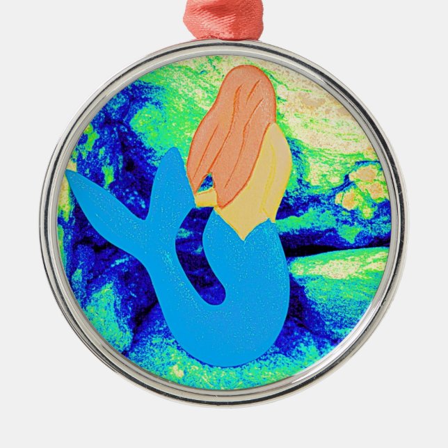 Meerjungfrau-Design mit blauem Schwanz Silbernes Ornament (Vorne)