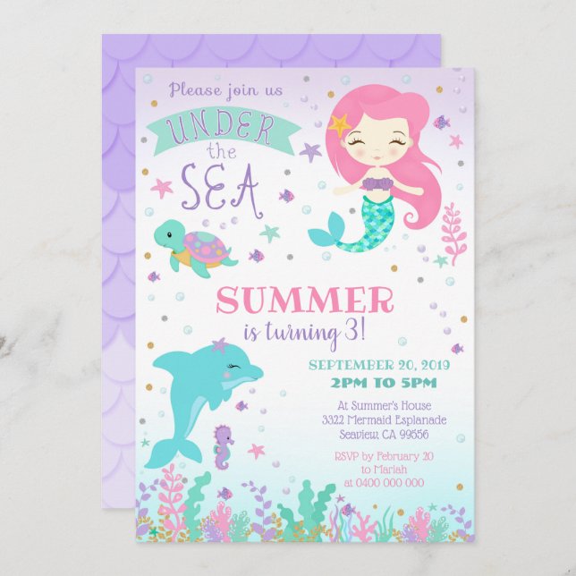 Meerjungfrau Dolphin Einladung - Unter Meer (Vorne/Hinten)