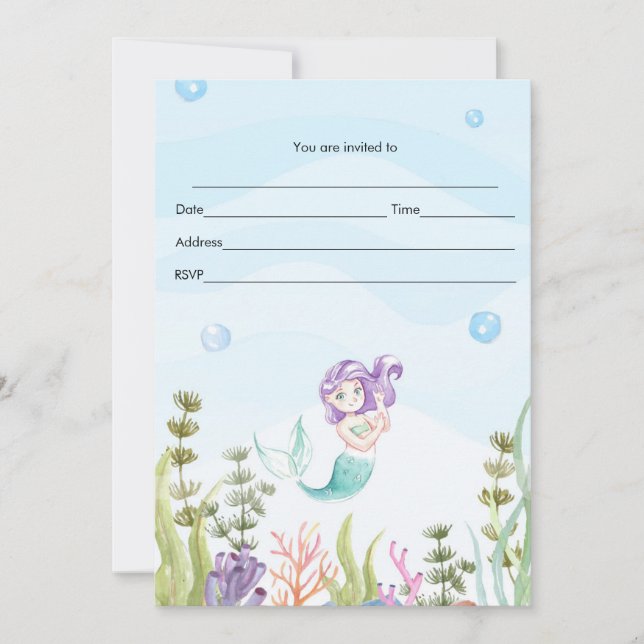 Meerjungfrau-Einladung füllen Aquarell aus Einladung (Vorderseite)