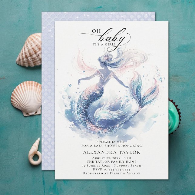Meerjungfrau Elegante Chic Girl Babydusche Einladung (under the sea mermaid girl baby shower invitation elegant watercolor modern classy chic)