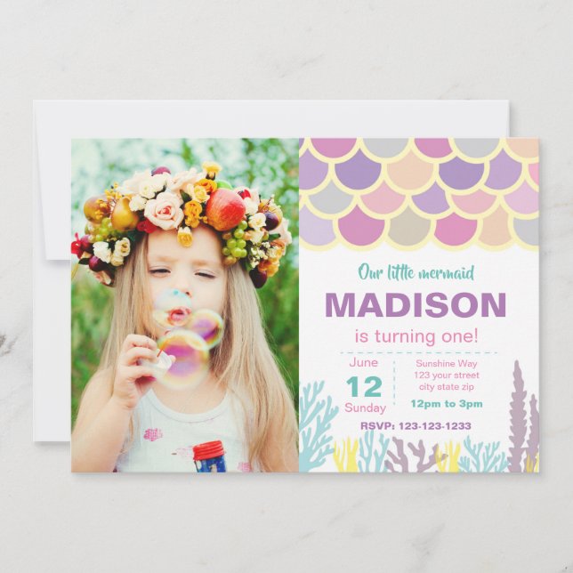 Meerjungfrau-Geburtstags-Einladung mit Foto Einladung (Vorderseite)