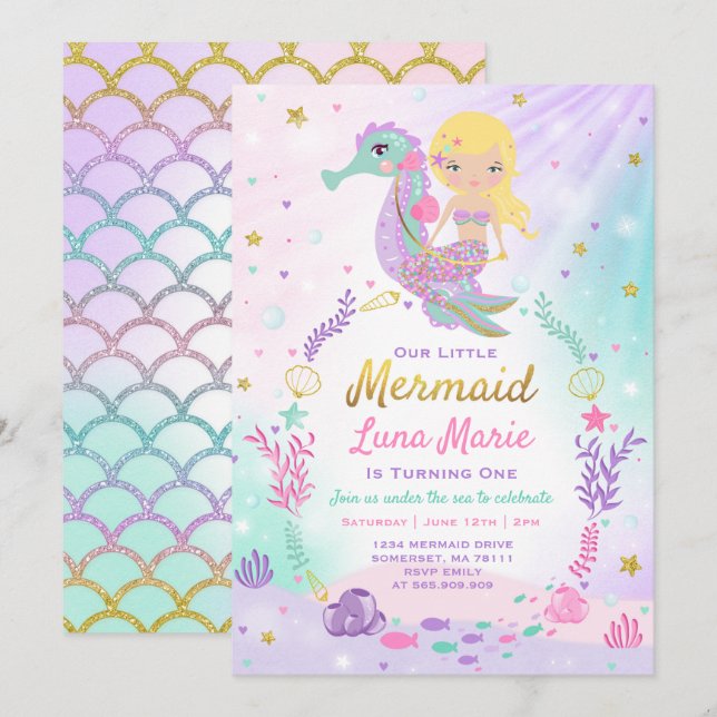 Meerjungfrau-Geburtstags-Einladung unter dem Einladung (Vorne/Hinten)