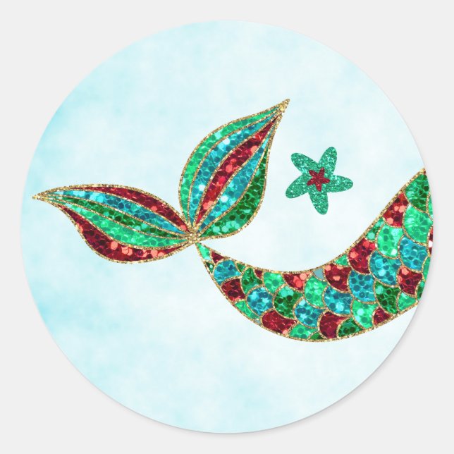Meerjungfrau Glitzer, Weihnachten Unterwasser Runder Aufkleber (Vorderseite)