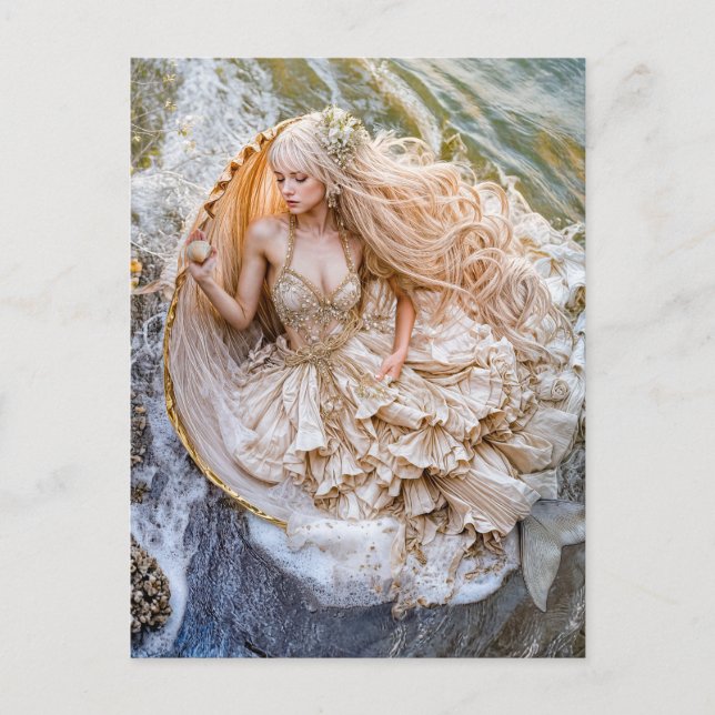 Meerjungfrau im Riesenuschell am Ufer Feiertagspostkarte (Vorderseite)