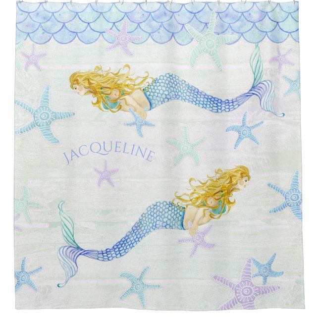 Meerjungfrau in der Dekoration aus Holz Aquarell Duschvorhang (Vorderseite)