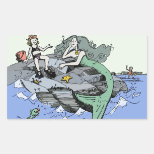 Meerjungfrau Küstenart niedlich Cartoon Beach Kind Rechteckiger Aufkleber