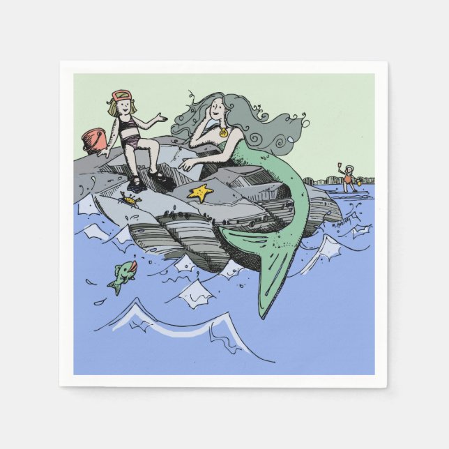 Meerjungfrau Küstenart niedlich Cartoon Beach Kind Serviette (Vorderseite)