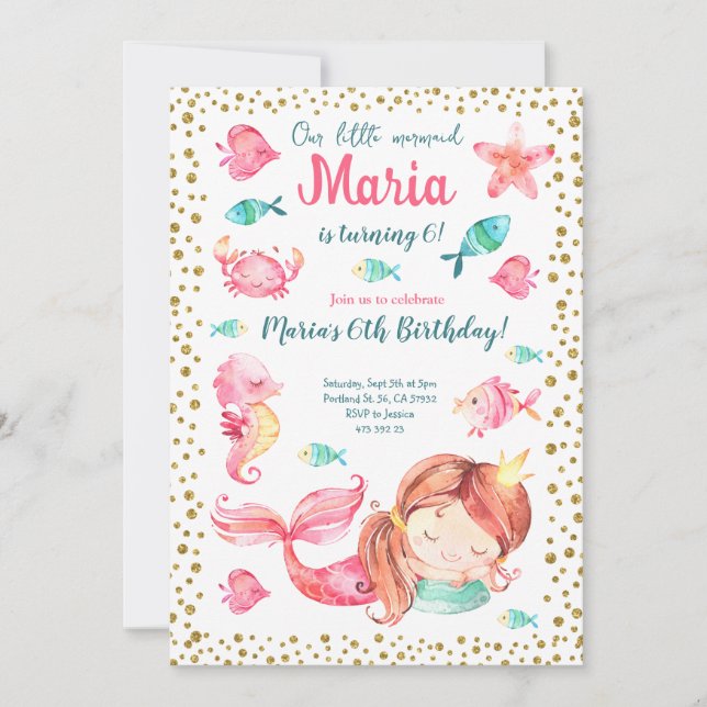 Meerjungfrau Mädchen am Geburtstag Einladung (Vorderseite)