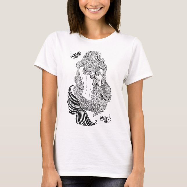 Meerjungfrau, Mädchen, Line Art T-Shirt (Vorderseite)