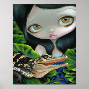 Meerjungfrau mit Baby Alligator ART PRINT Großauge Poster