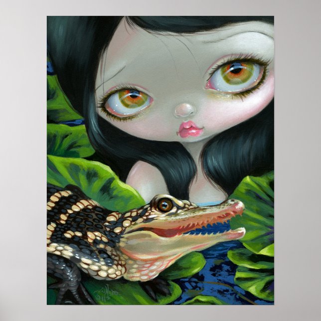 Meerjungfrau mit Baby Alligator ART PRINT Großauge Poster (Vorne)