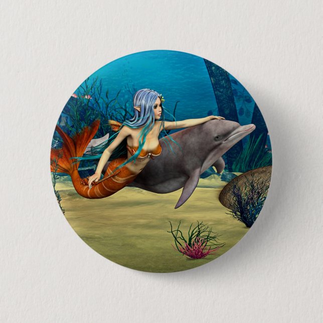Meerjungfrau mit Delfin Button (Vorderseite)