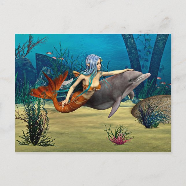 Meerjungfrau mit Delfin Postkarte (Vorderseite)