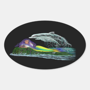 Meerjungfrau mit Delfinen Ovaler Aufkleber
