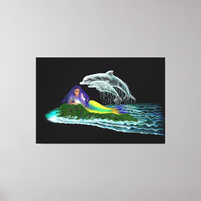 Meerjungfrau mit Delphinen Leinwanddruck (Vorderseite)