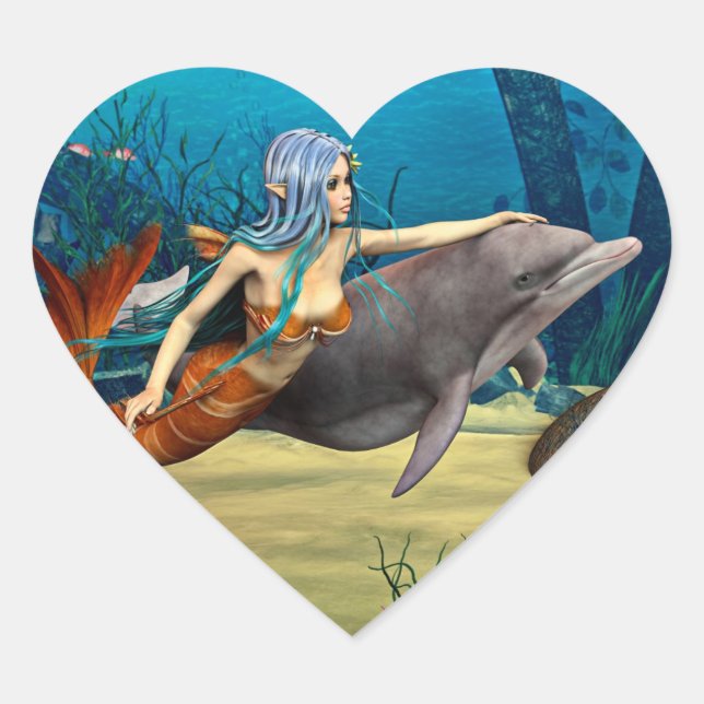 Meerjungfrau mit Dolphin Herz-Aufkleber (Vorderseite)