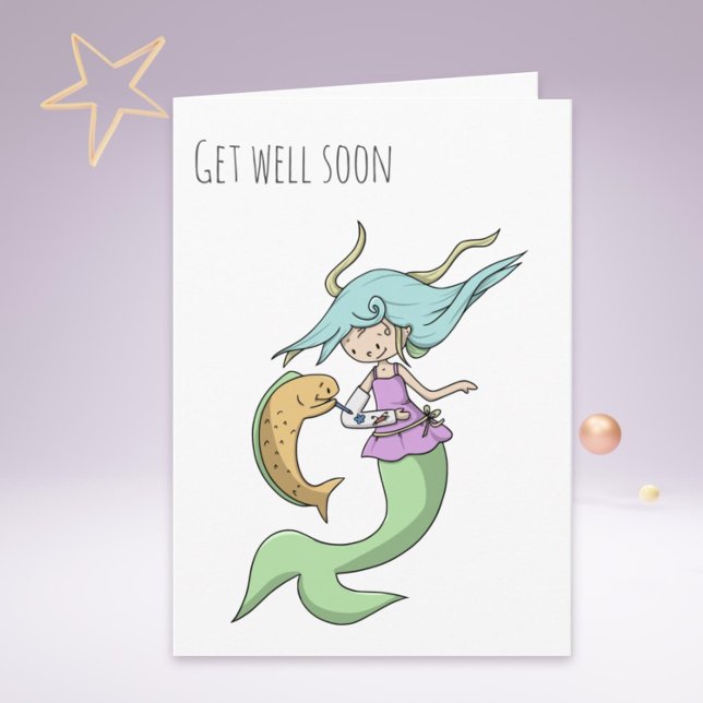 Meerjungfrau mit gebrochenem Arm und Fisch wird ba Karte (Mermaid with a Broken Arm and Fish Get Well Soon Card)