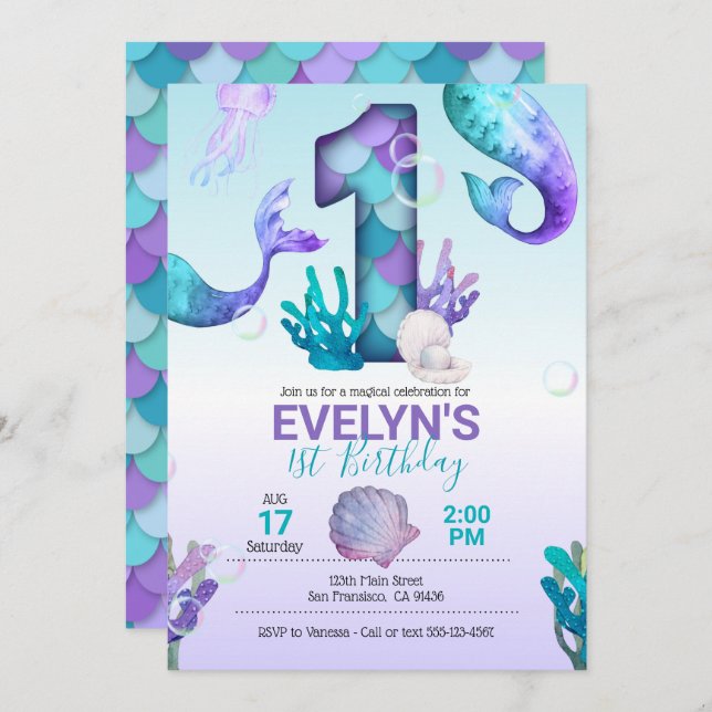 Meerjungfrau mit Meerjungfrau Schwanz Einladung (Vorne/Hinten)