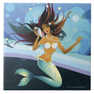 Meerjungfrau mit Muschel zum Ohr Fliese