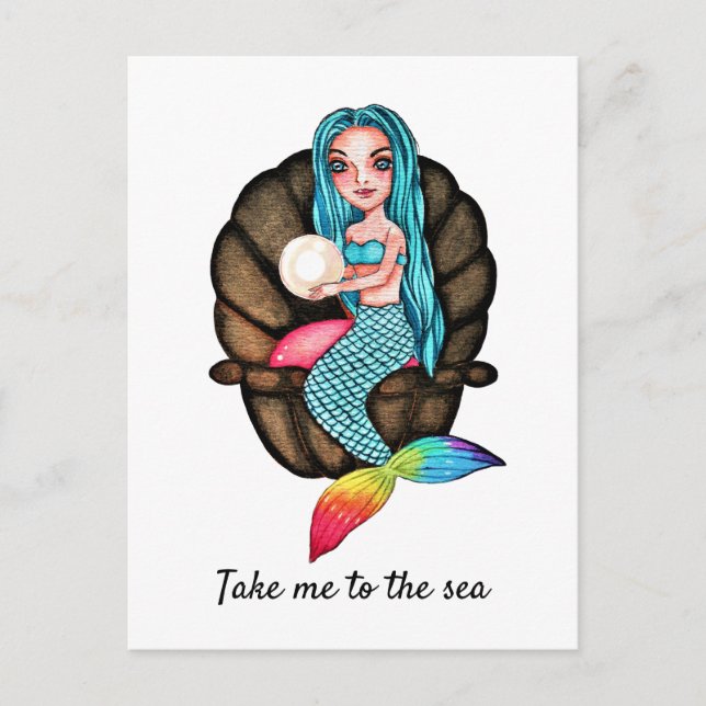 Meerjungfrau mit Perle Wasserfarbe Kunst Postkarte (Vorderseite)