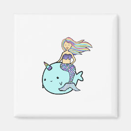 Meerjungfrau mit Rainbow Hair Riding Pet Narwal Magnet