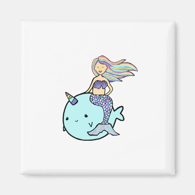 Meerjungfrau mit Rainbow Hair Riding Pet Narwal Magnet (Vorne)