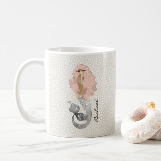 Meerjungfrau mit rosa Haar und Ihrem Namen Kaffeetasse (Mit Donut)