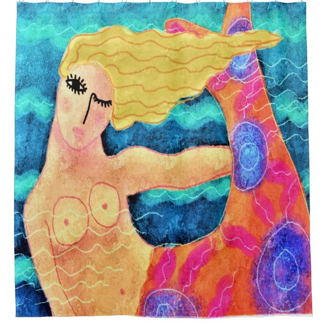 Meerjungfrau mit Rotem Schwanz Abstrakte Kunst Duschvorhang (Vorderseite)