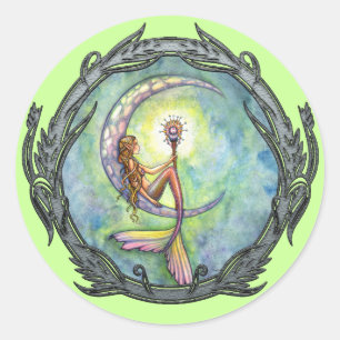 Meerjungfrau-Mond-Fantasy-Kunstaufkleber Runder Aufkleber