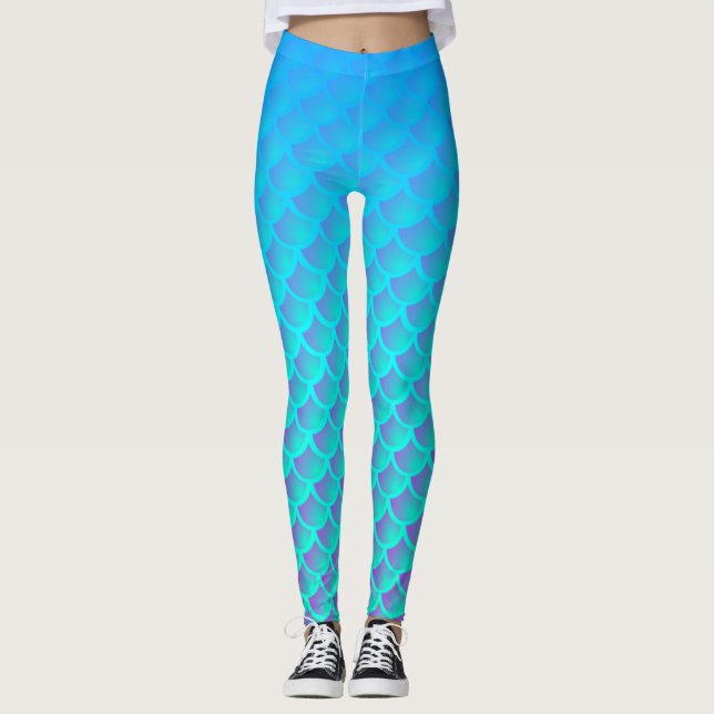 Meerjungfrau Muster in Aqua Blue und Lila Leggings (Vorderseite)