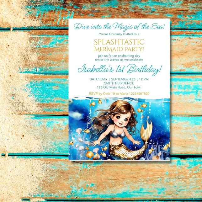 Meerjungfrau niedliche Geburtstagsparty Einladung (Mermaid under the sea birthday party template invitation cute baby mermaid with sea shells gold fish)