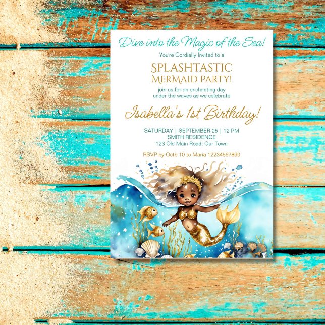 Meerjungfrau niedliches afrikanisches Mädchen Part Einladung (Mermaid under the sea birthday party template invitation cute African baby girl withg old  seashells)