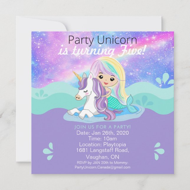 Meerjungfrau + Party Einladung Unicorn (Vorderseite)