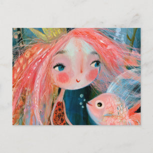 Meerjungfrau Prinzessin mit rosa Fisch Freundin Postkarte