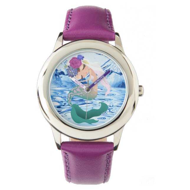 Meerjungfrau - rosa rosa Stahlleder-Federwache Armbanduhr (Vorderseite)