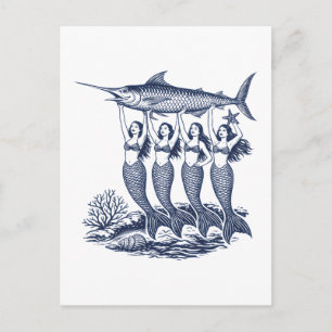 Meerjungfrau Sardine Vintage Dosenfisch Postkarte