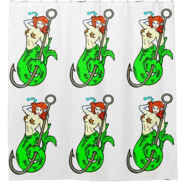 Meerjungfrau-Schönheit auf einem Fischhakenmuster Duschvorhang (Vorderseite)