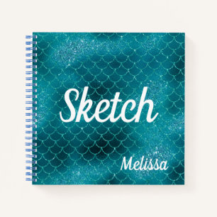Meerjungfrau-Schuppen Teal Glitter Monogramm Skizz Notizbuch