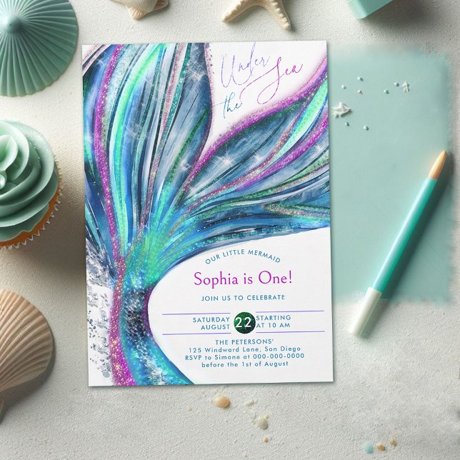 Meerjungfrau Schwanz Iridescent Glitzer Sea 1. Geb Einladung (mermaid birthday invitation 1st under sea onederful girl party holographic glitter cute watercolor)
