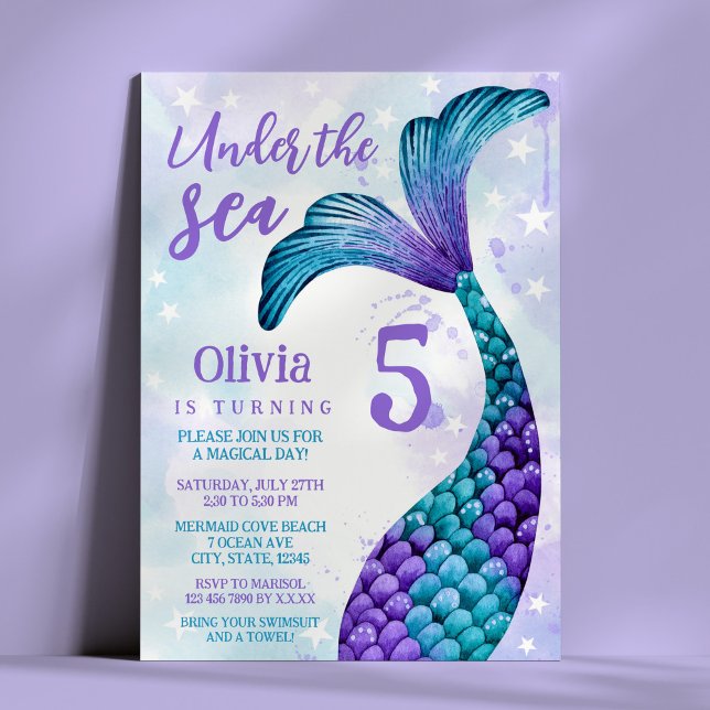 Meerjungfrau-Schwanz Lila + Aquamarine Wasserfarbe Einladung (Mermaid Tail in Purple + Teal Watercolor Birthday Invitation)