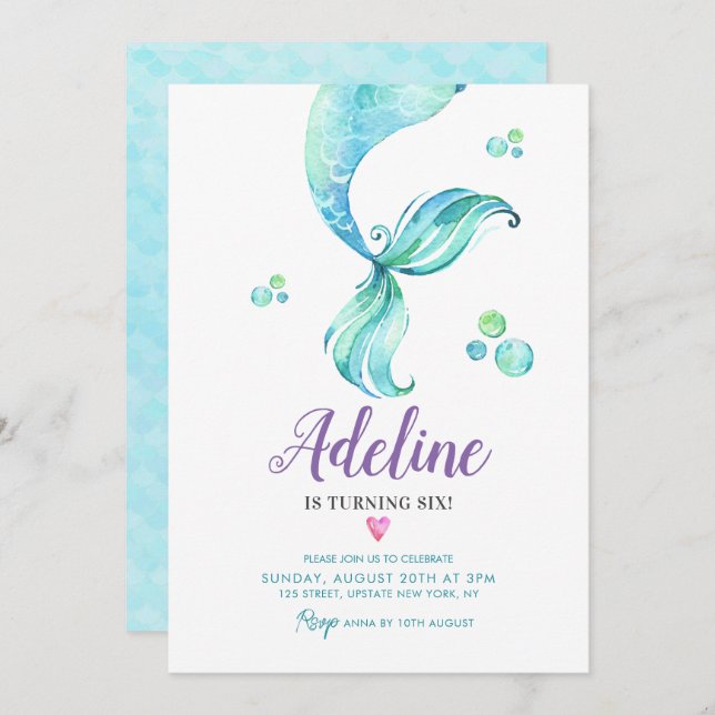 Meerjungfrau Schwanz Untermeer Wasserfarbe Geburts Einladung (Vorne/Hinten)