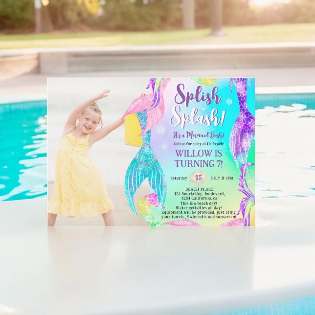 Meerjungfrau Schwänze Foto Kindergeburtstag Einladung (Beach mermaid tails ocean photo Kids birthday Invitation)