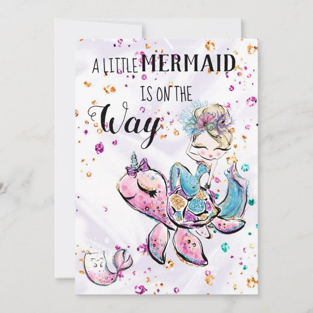 ~ Meerjungfrau Sea Unicorn Katze Kinderdusche Einl Einladung (Vorderseite)