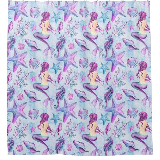 Meerjungfrau-Seepferdstarfish-Lavendel-u. Duschvorhang (Vorderseite)