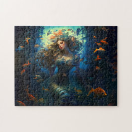 Meerjungfrau umgeben von Fantasy-Gemäldefischen Puzzle