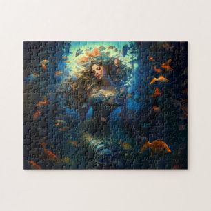Meerjungfrau umgeben von Fantasy-Gemäldefischen Puzzle