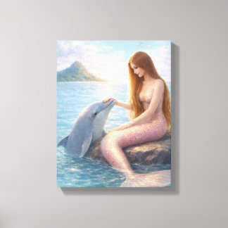 Meerjungfrau und Delfin mit rosa Schwanz Leinwanddruck